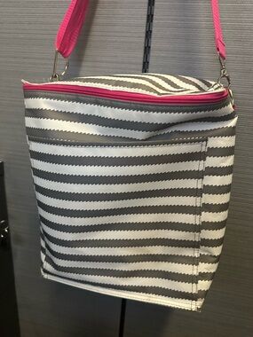 thirty-one Gray and White Striped Crossbody with Pink Accent